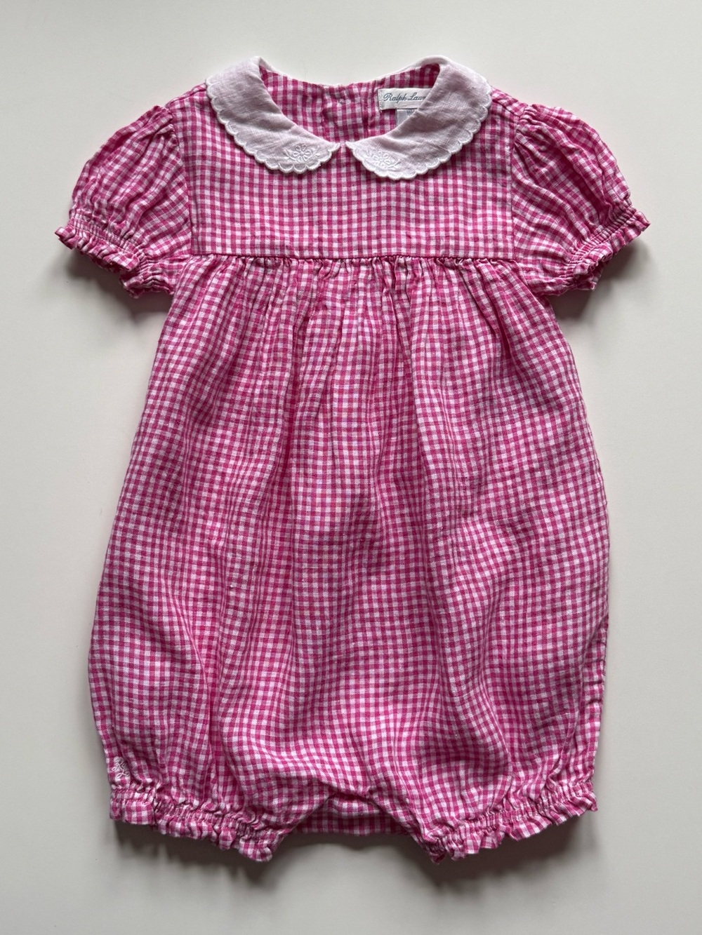 Ralph Lauren Baby Girl Gingham Linen Bubble Shortall - Size 18M